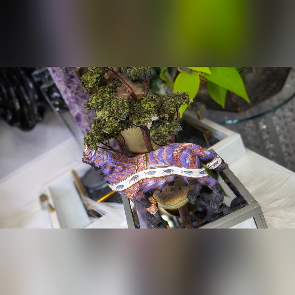 Hand Painted Native Resin Wolf w/ Artificial Decorative Tree